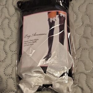 Leg Avenue Black Thigh Highs with White Satin Bow